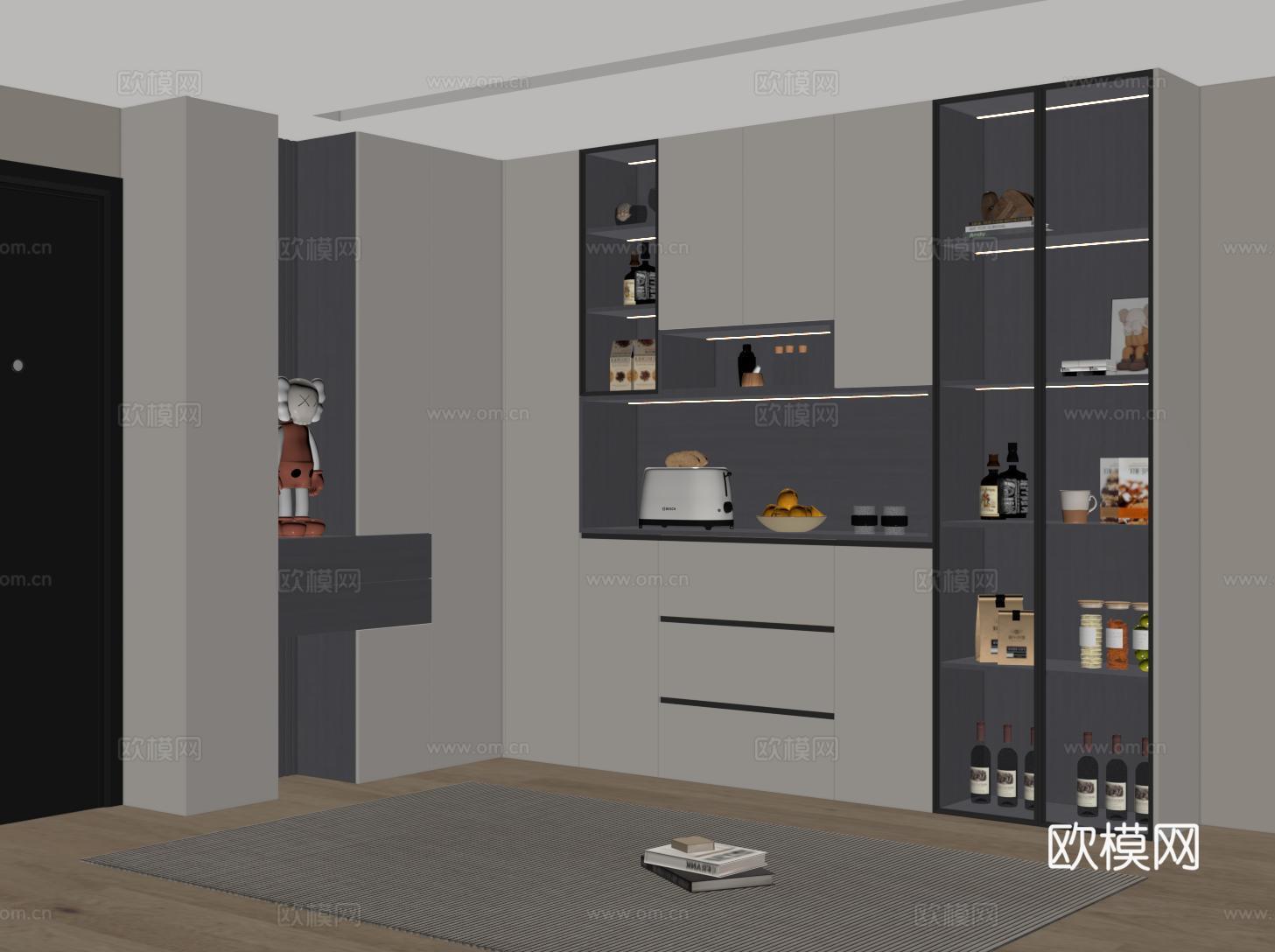 现代转角鞋柜酒柜一体 鞋柜 酒柜su模型