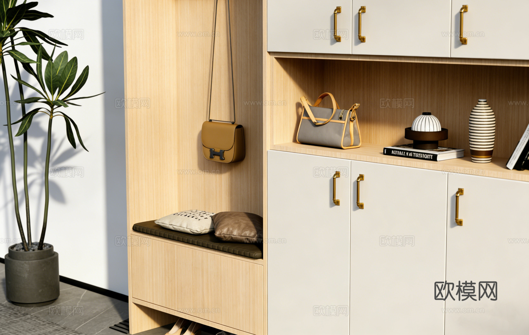 现代简约玄关  软包储物换鞋凳 穿鞋凳 鞋柜 棕色皮质手提包su模型