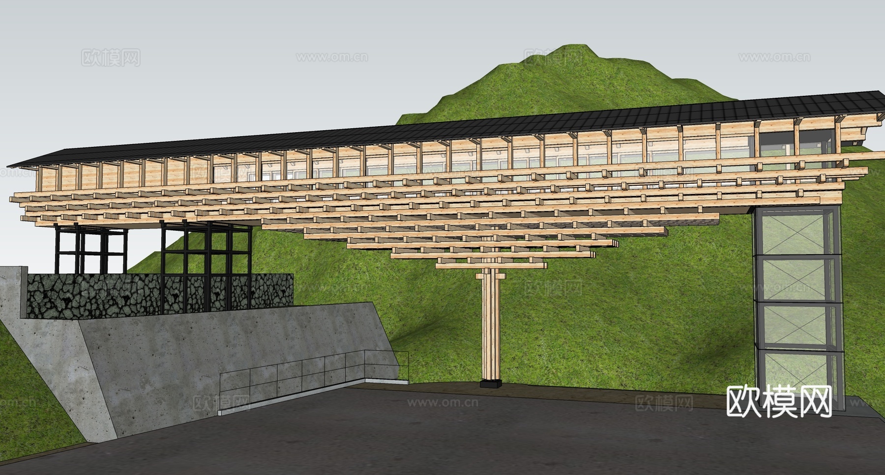 现代观景台 廊架过道 木结构榫卯结构su模型