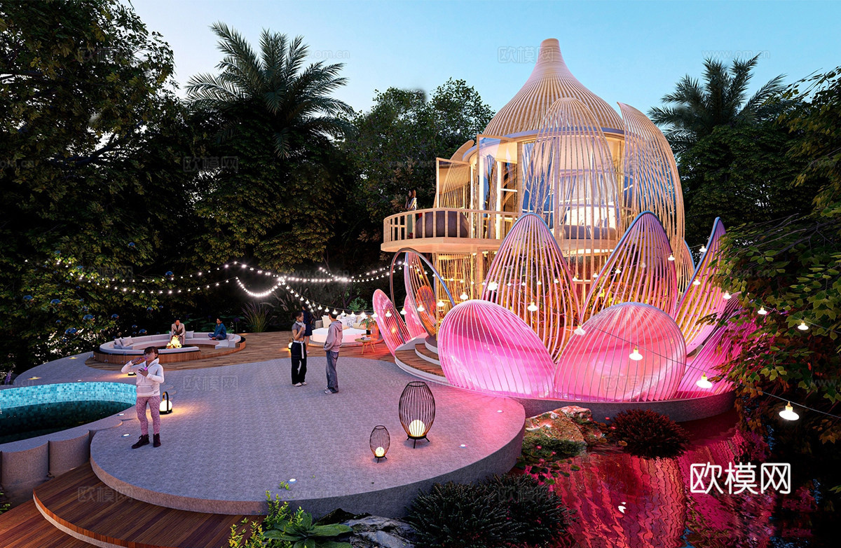 东南亚风格森林木屋 民宿度假酒店 竹编小屋su模型