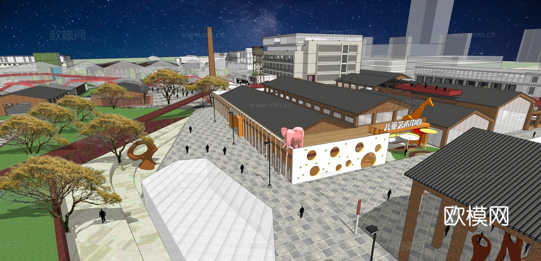 网红打卡工业建筑旧改工厂商业街su模型