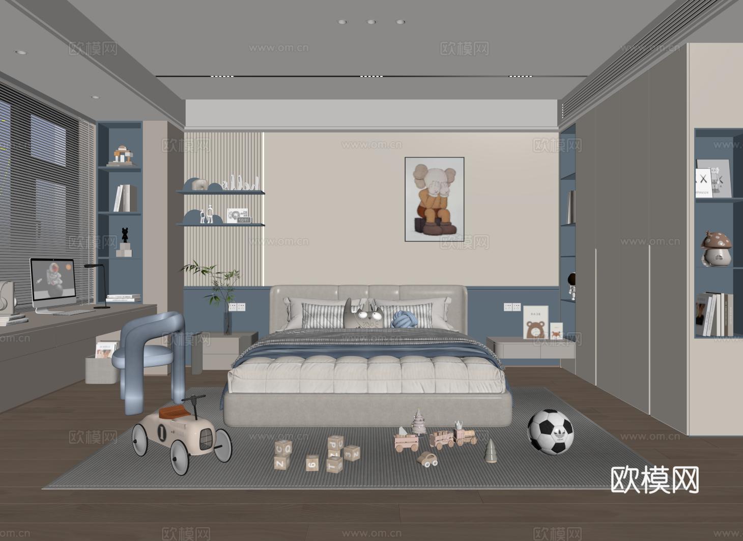 现代儿童房 儿童卧室 男孩房 男孩卧室免费su模型下载（渲染图2）