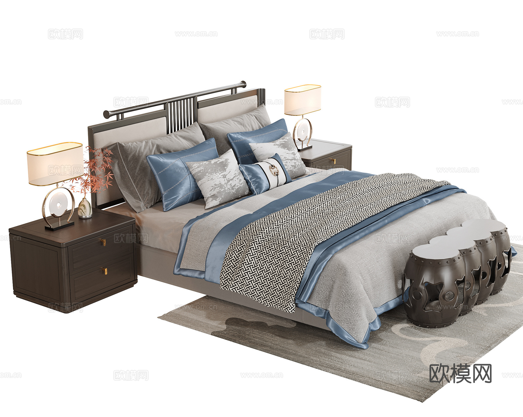 新中式双人床 床头柜su模型