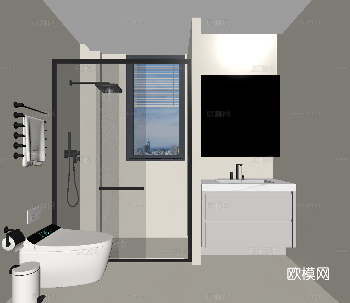 现代卫生间 干湿分离卫生间 卫浴柜 卫浴用品 奶油风卫生间su模型
