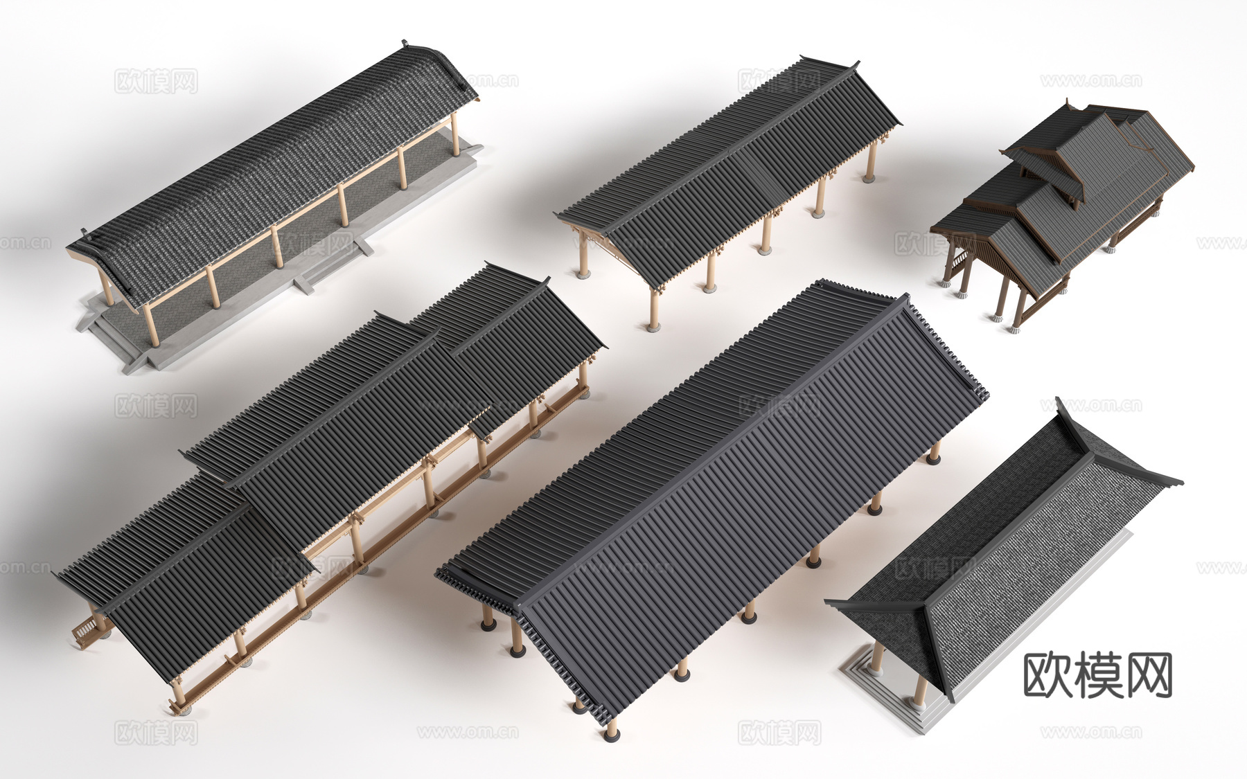 中式长廊 中式廊架 中式连廊su模型