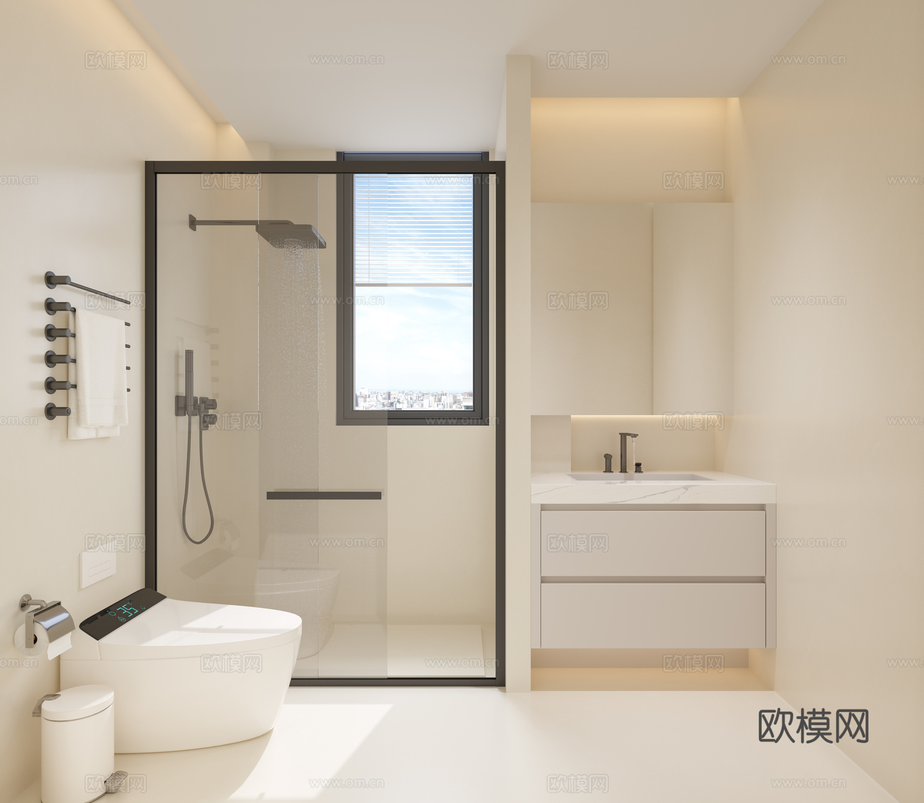 现代卫生间 干湿分离卫生间 卫浴柜 卫浴用品 奶油风卫生间su模型