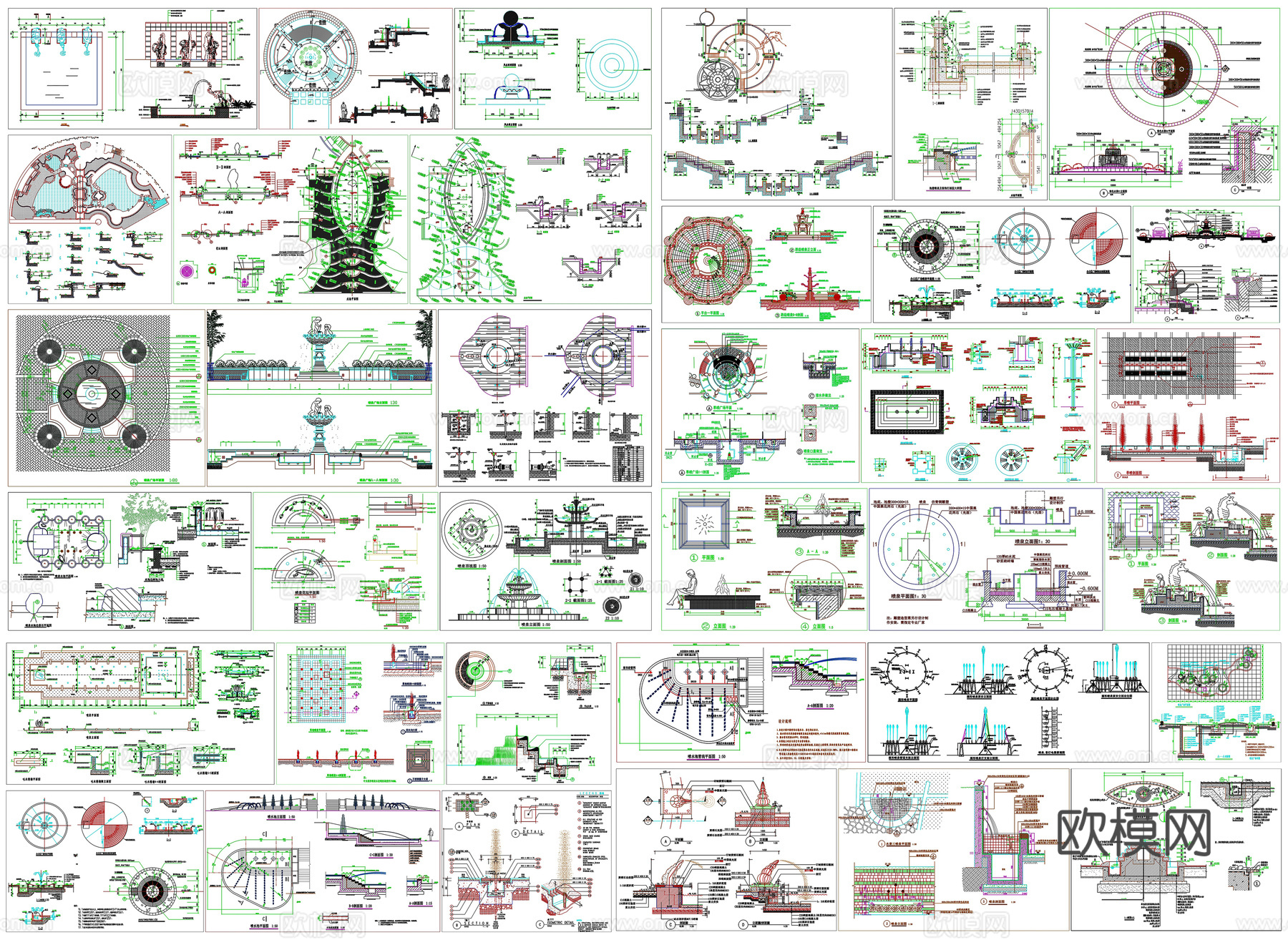 景观喷泉园林喷泉广场喷泉剖面做法工艺详图节点CAD素材图库cad施工图