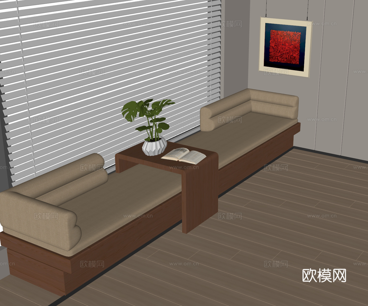 现代卡座沙发 飘窗柜 坐垫 中古风坐垫 沙发卡 百叶帘 窗帘su模型