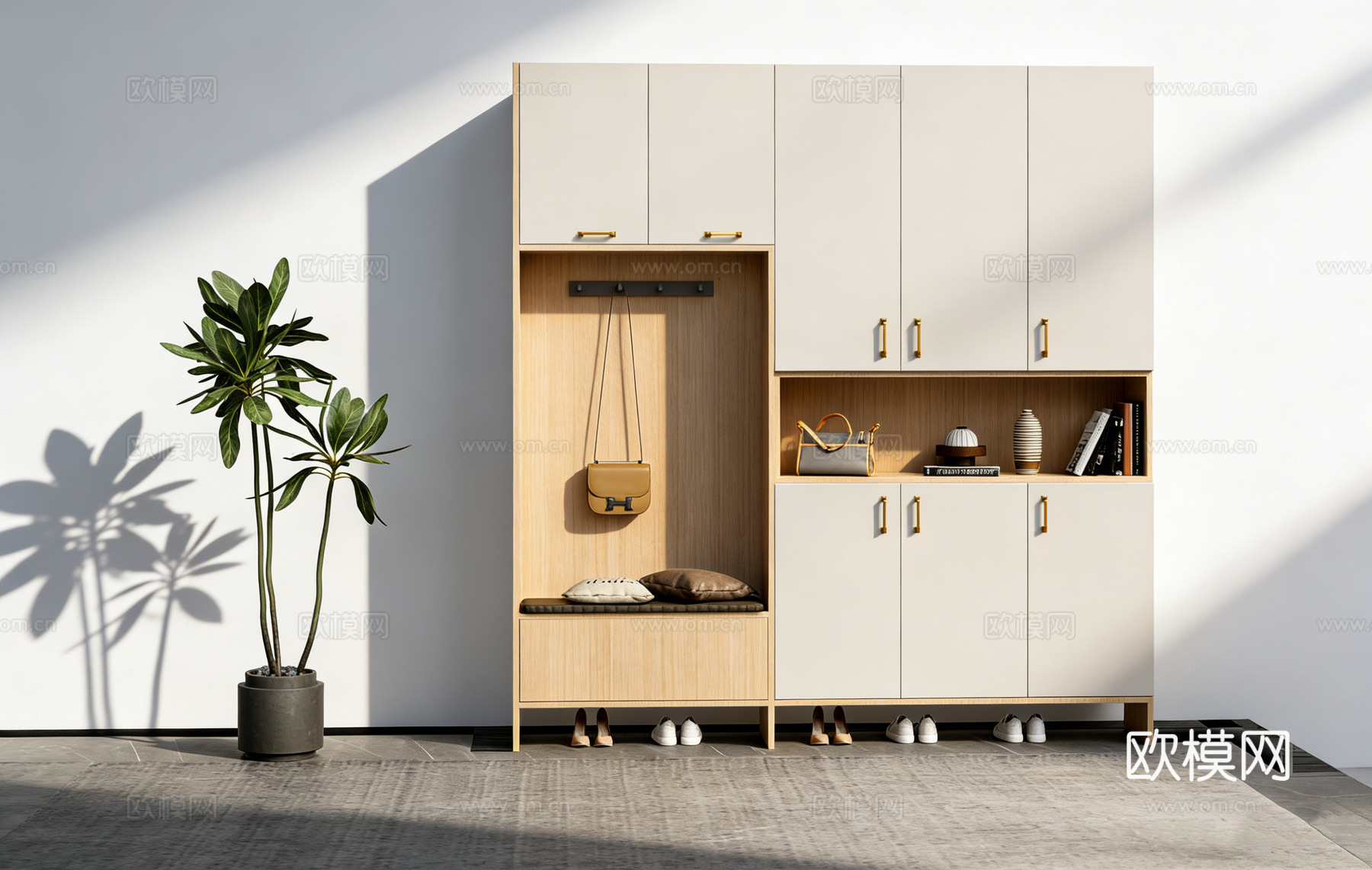 现代简约玄关  软包储物换鞋凳 穿鞋凳 鞋柜 棕色皮质手提包su模型