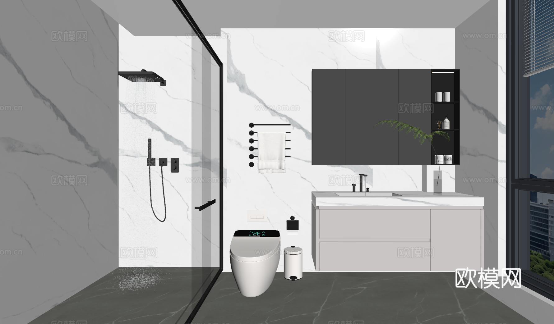 现代卫生间 干湿分离卫生间 卫浴柜 卫浴用品 奶油风卫生间su模型su模型