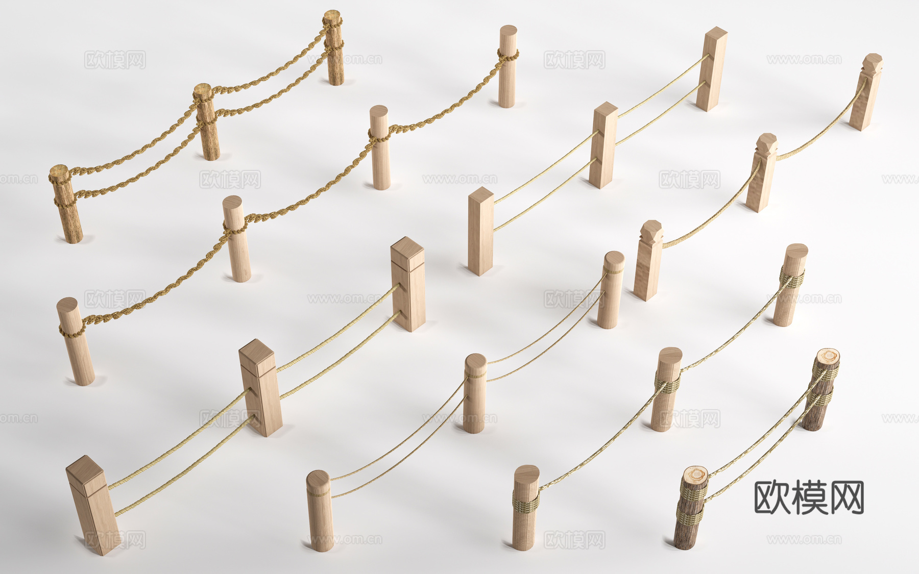 现代生态护栏 滨水护栏 绳索栏杆 户外木桩护栏su模型