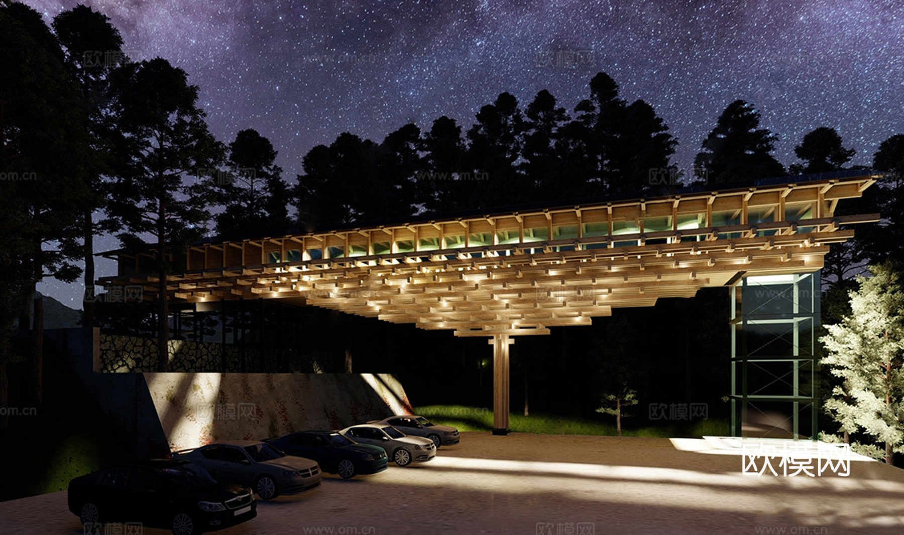 现代观景台 廊架过道 木结构榫卯结构su模型