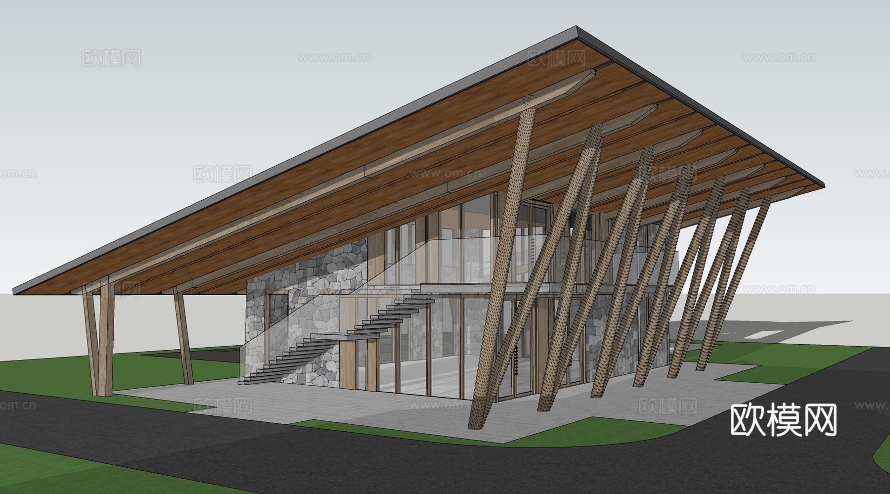 现代原木木屋 特色乡建 乡村工坊 坡屋顶建筑su模型su模型