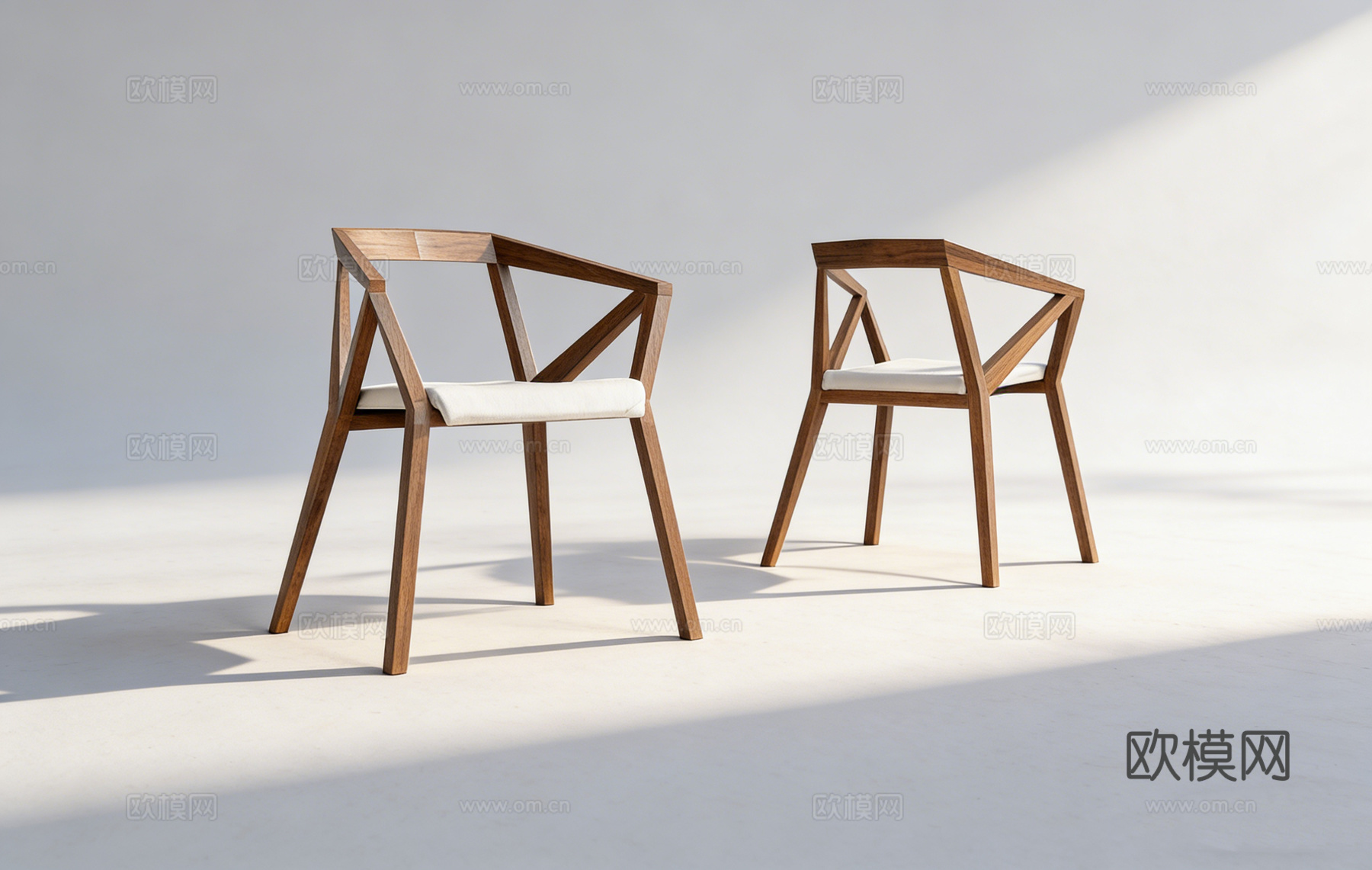 现代简约交叉背休闲椅 深棕色实木框架 客厅对椅 几何线条椅su模型