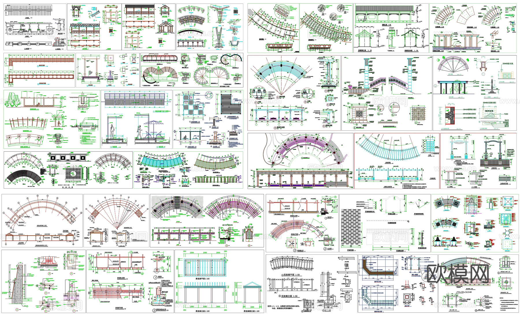 景观廊长廊花架剖面做法工艺详图节点CAD素材图库cad施工图