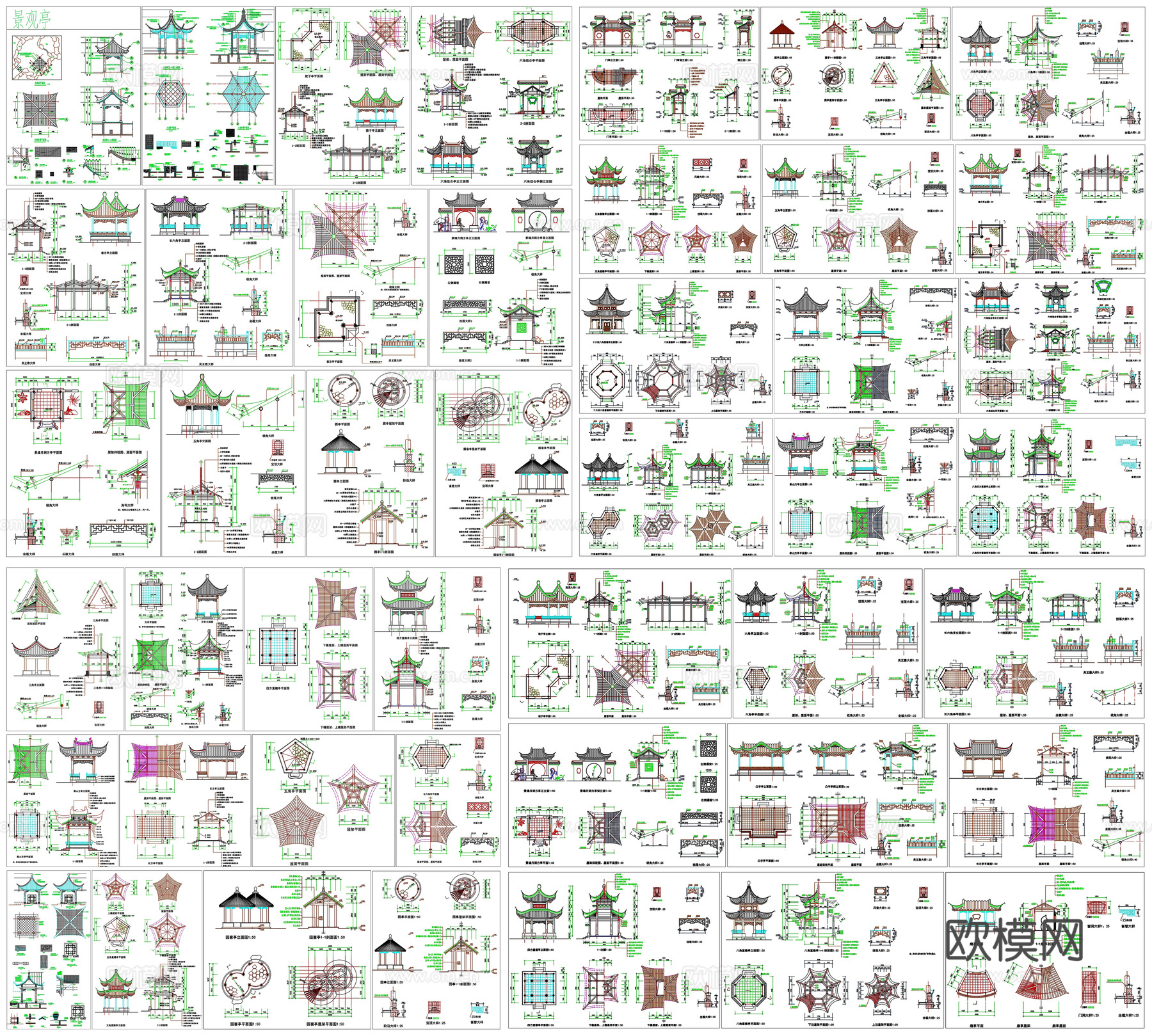 亭廊仿古亭景观亭凉亭观景阁剖面做法工艺详图节点CAD素材图库cad施工图