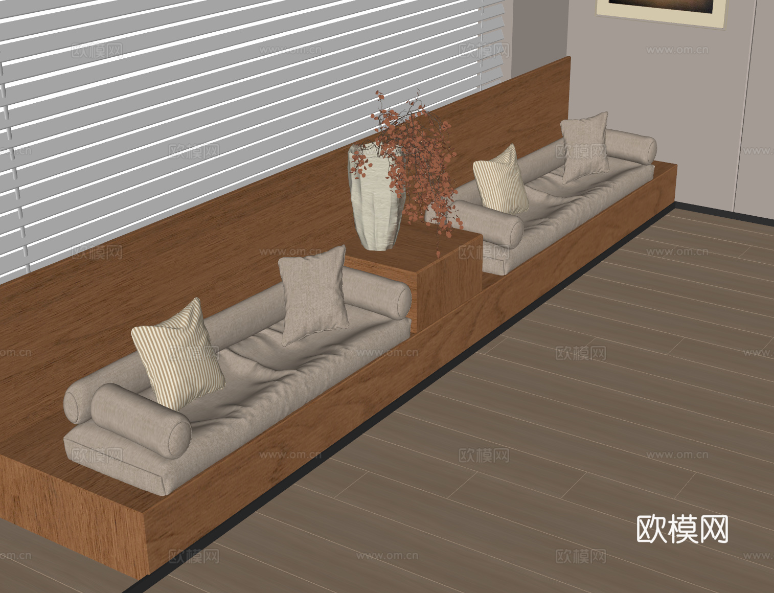 现代卡座沙发 飘窗柜 坐垫 中古风坐垫 沙发卡 百叶帘 窗帘su模型