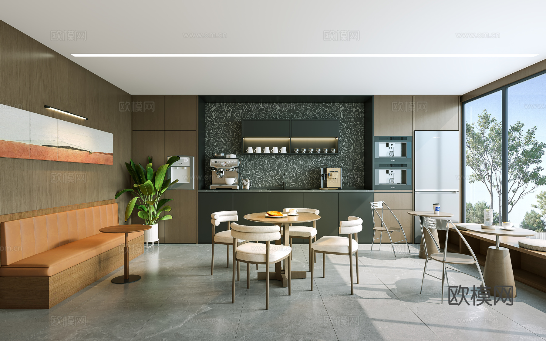 现代办公茶水间 饮水机 水吧台 卡座沙发 休闲区 洽谈桌椅su模型