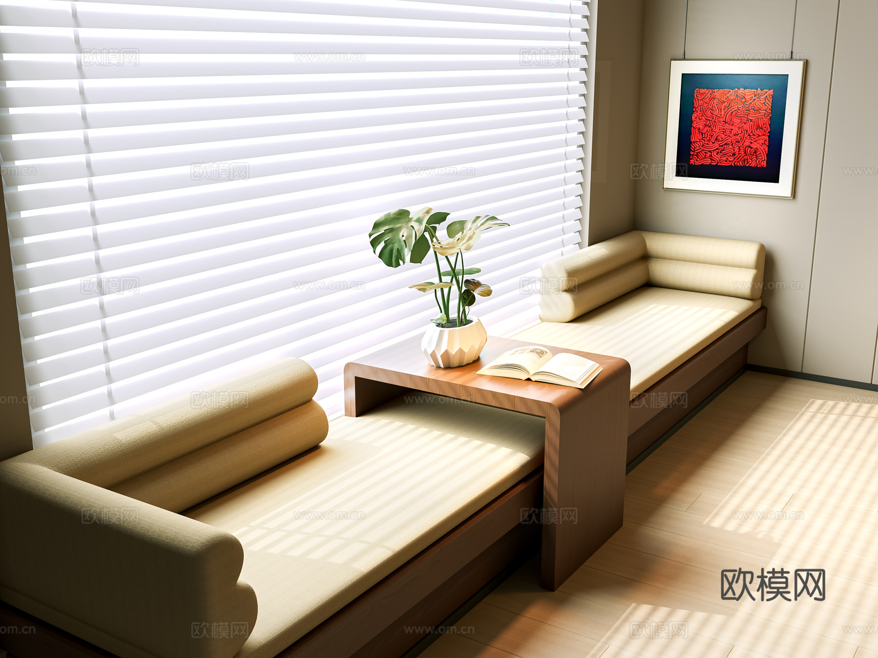 现代卡座沙发 飘窗柜 坐垫 中古风坐垫 沙发卡 百叶帘 窗帘su模型