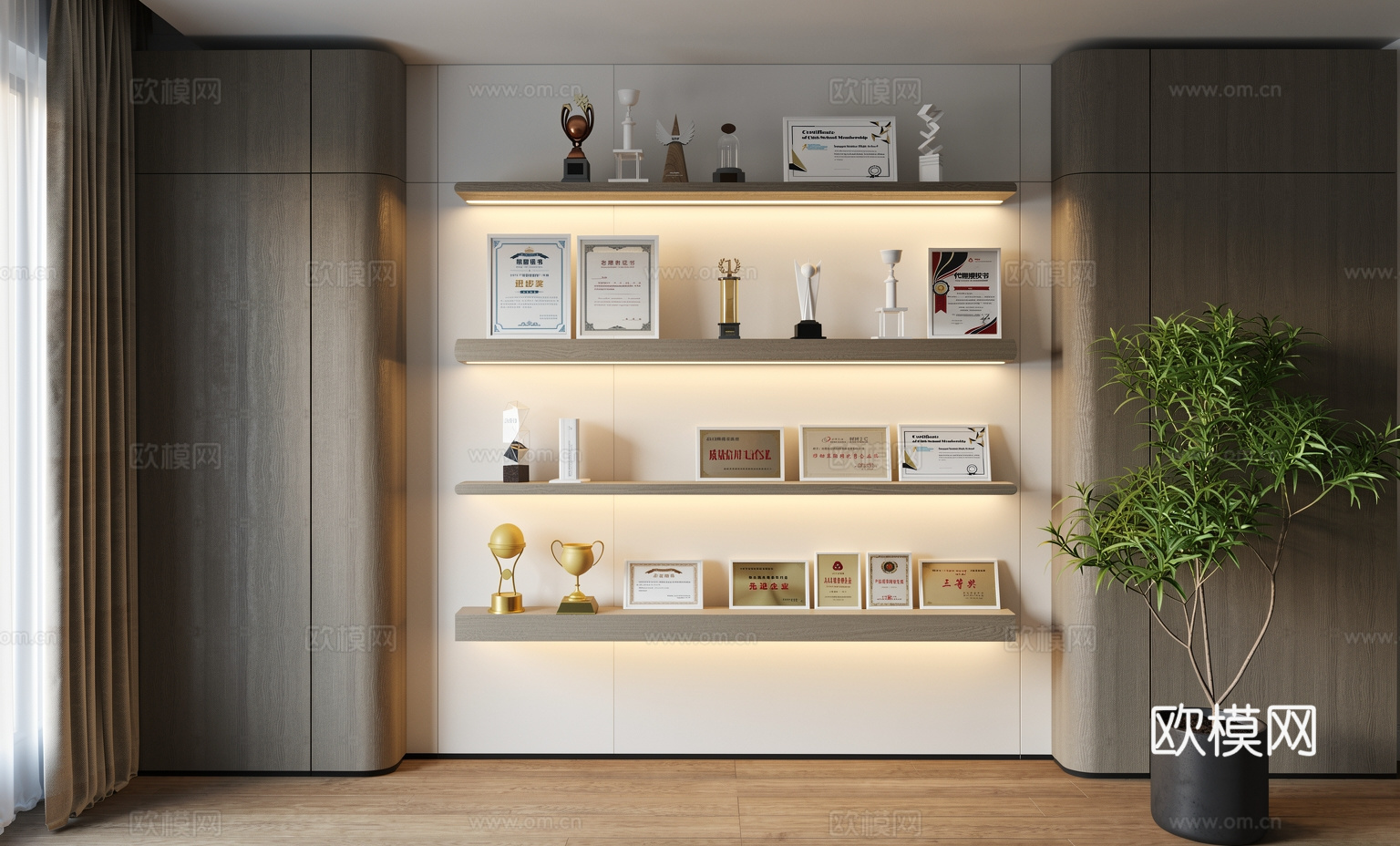 奖杯奖牌_现代荣誉室_奖杯_奖状_证书su模型