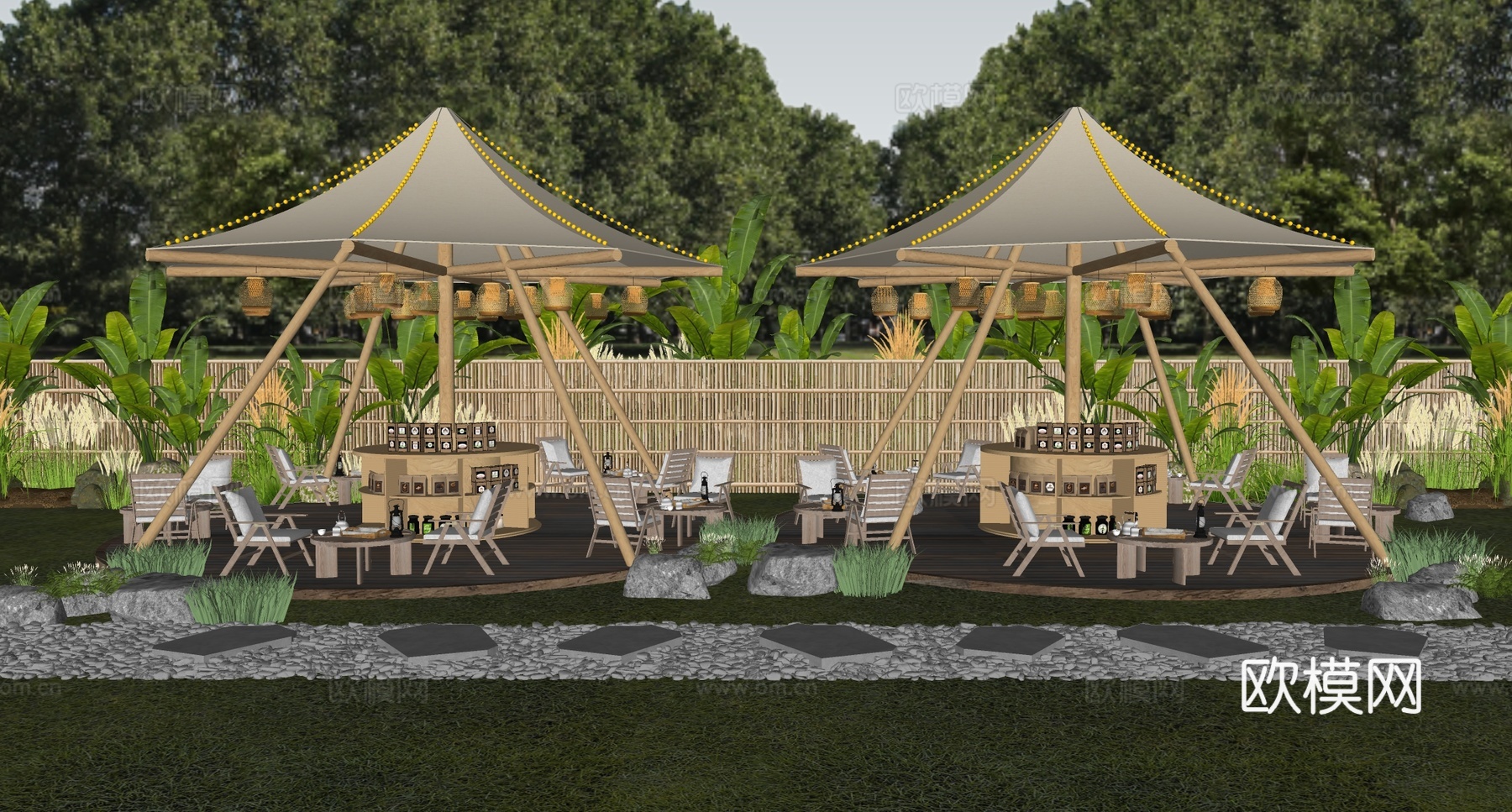 现代营地 现代露营野餐公园 野餐露营伞形帐篷su模型su模型