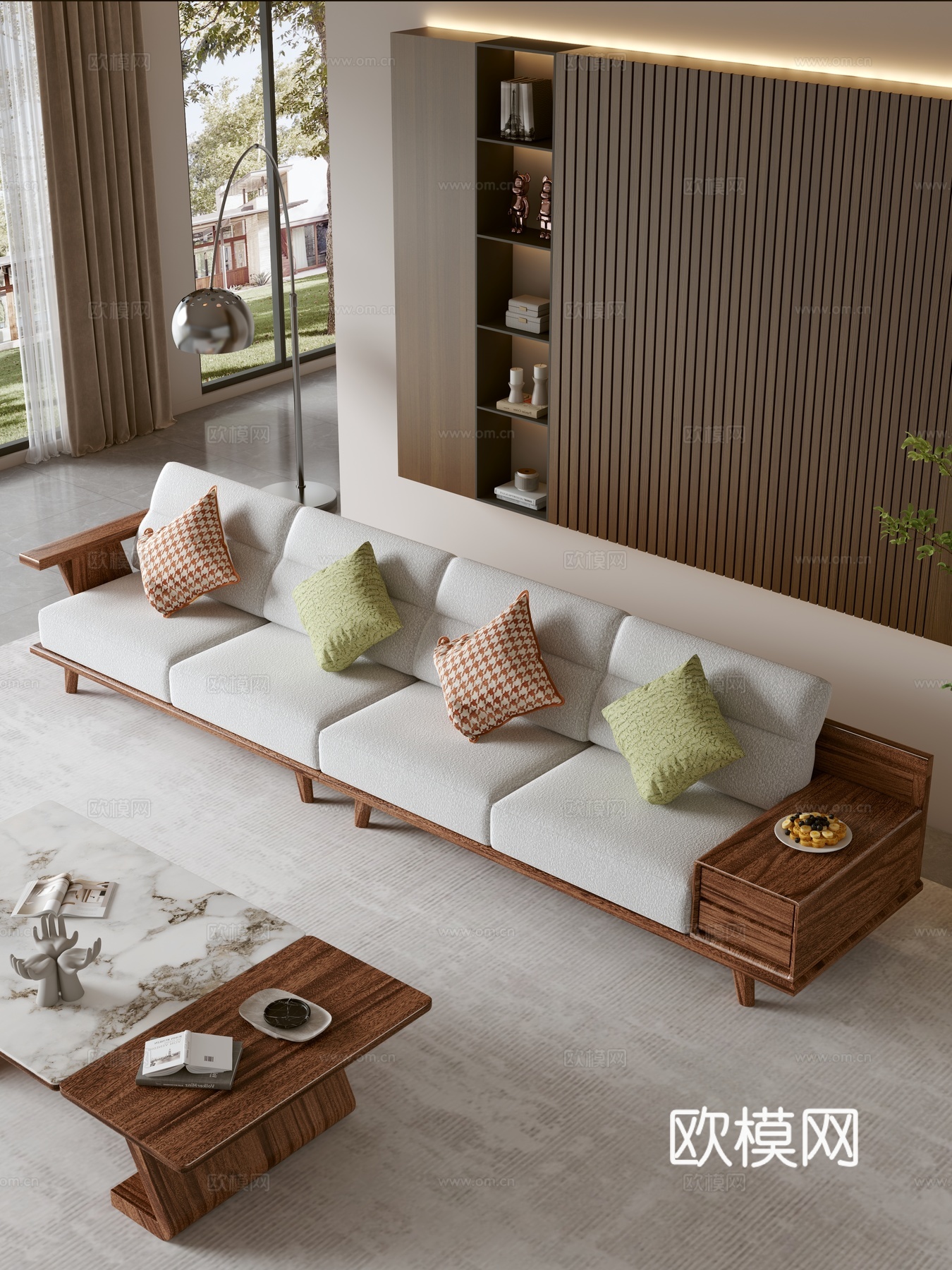 现代简约意式新中式实木双人沙发茶几组合抱枕客厅3d模型