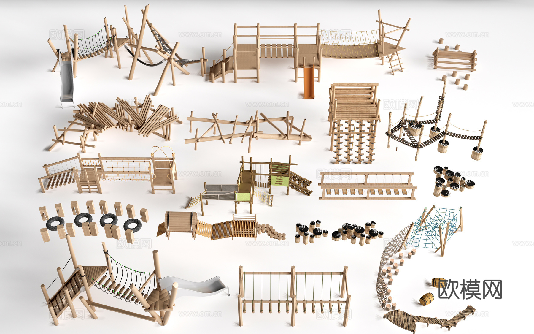 现代户外儿童游乐设施 无动力游乐设施 乡村研学游乐设施su模型