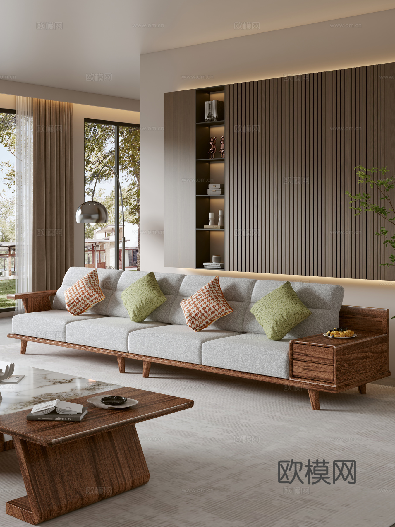 现代简约意式新中式实木双人沙发茶几组合抱枕客厅3d模型