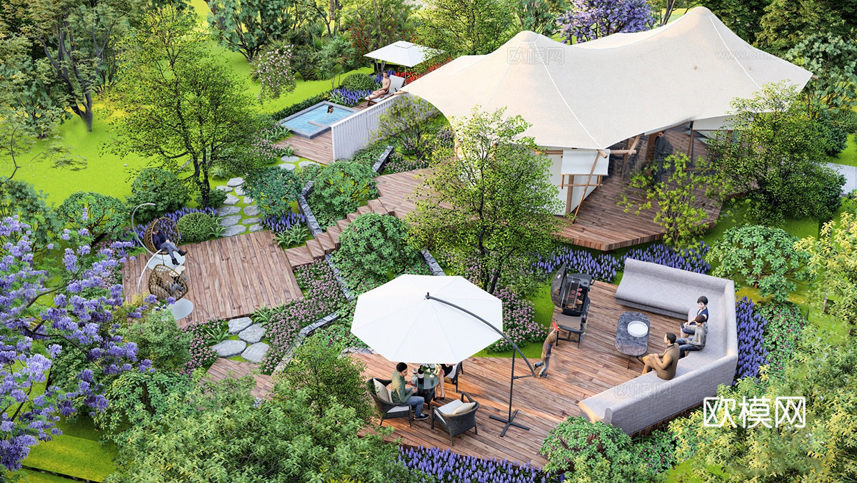 现代露营庭院景观  花园家庭乡村景观 农家乐外摆 餐饮外摆su模型