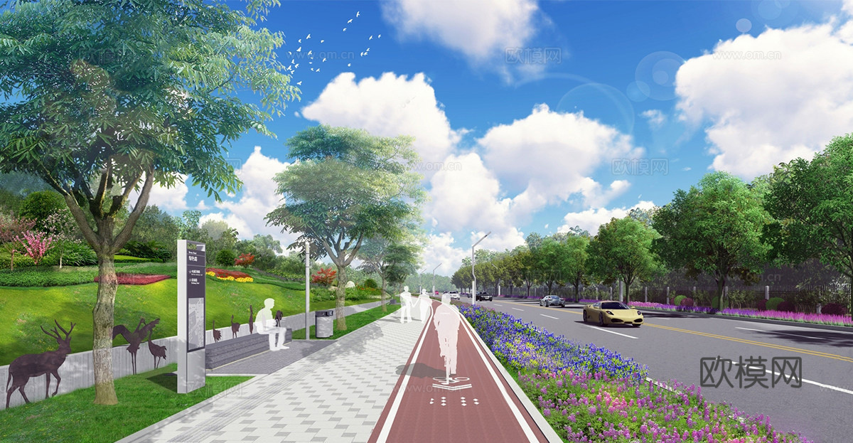 现代道路景观 市政道路改造碧道 人行道su模型