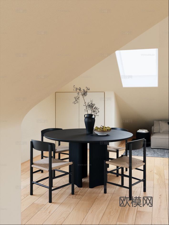 现代奶油侘寂风餐桌椅组合家具餐厅摆件3d模型
