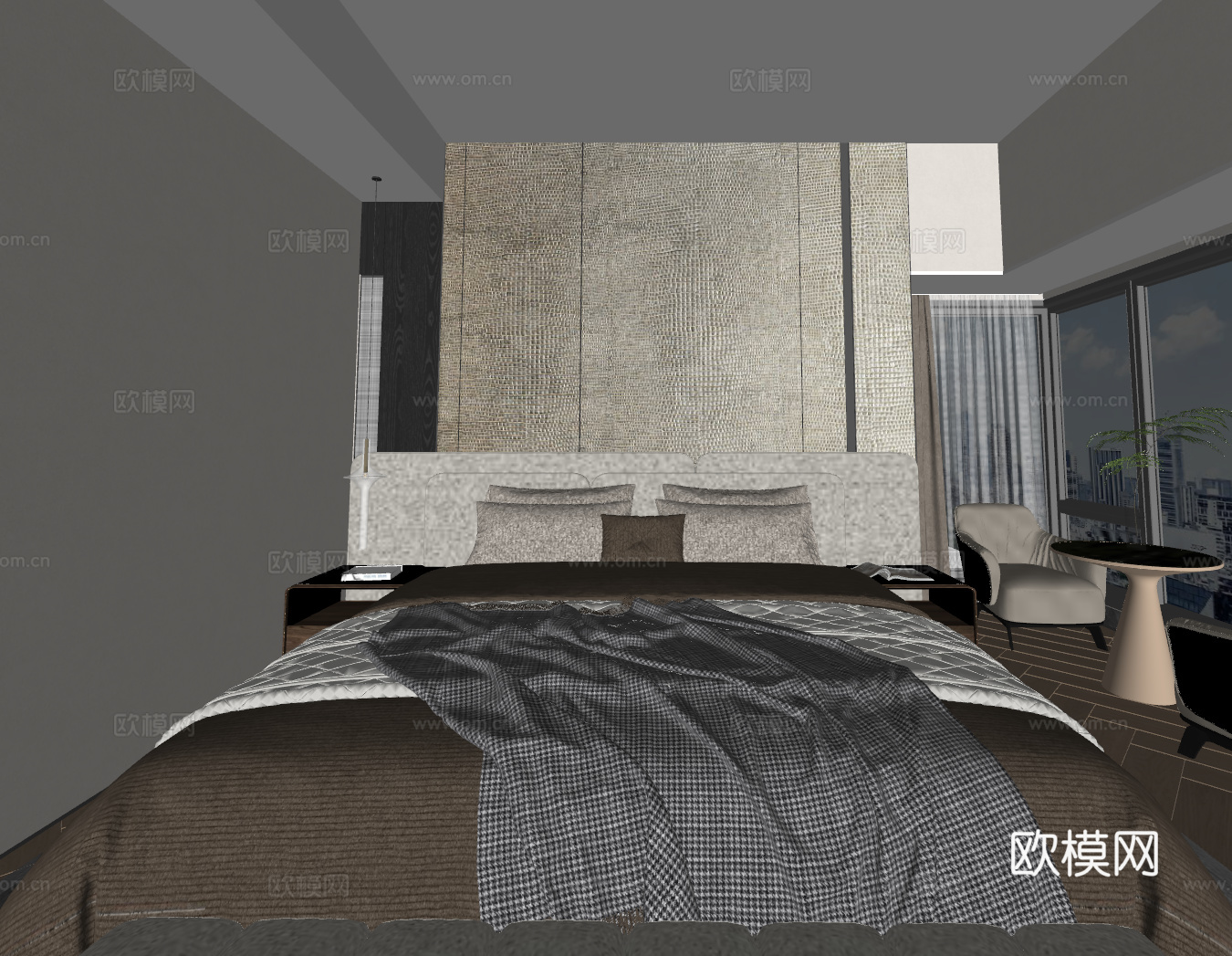 现代意式双人床 米诺提双人床 床头柜 意式卧室 主人房su模型