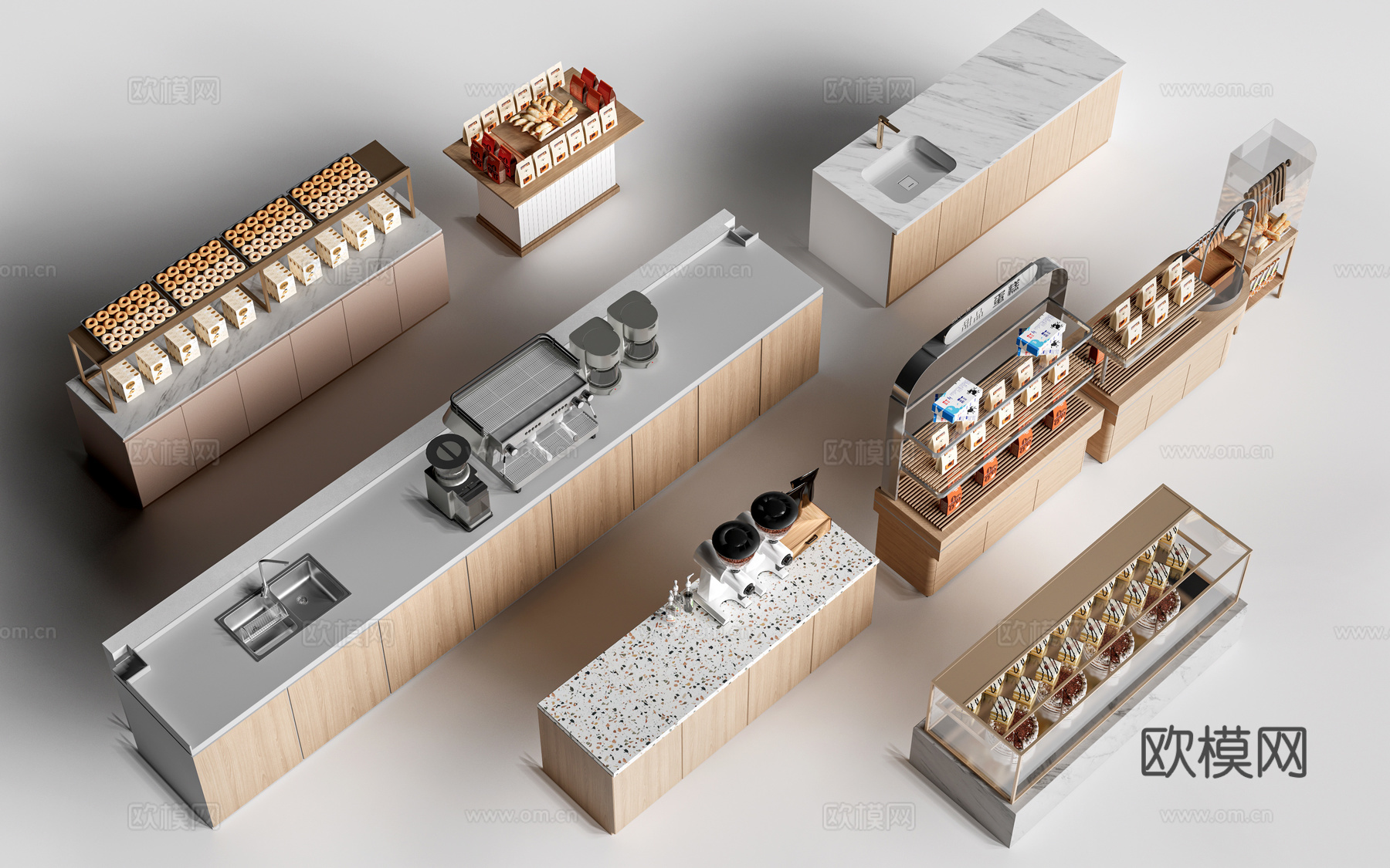 现代咖啡吧台 甜品店货架 收银台 服务台su模型