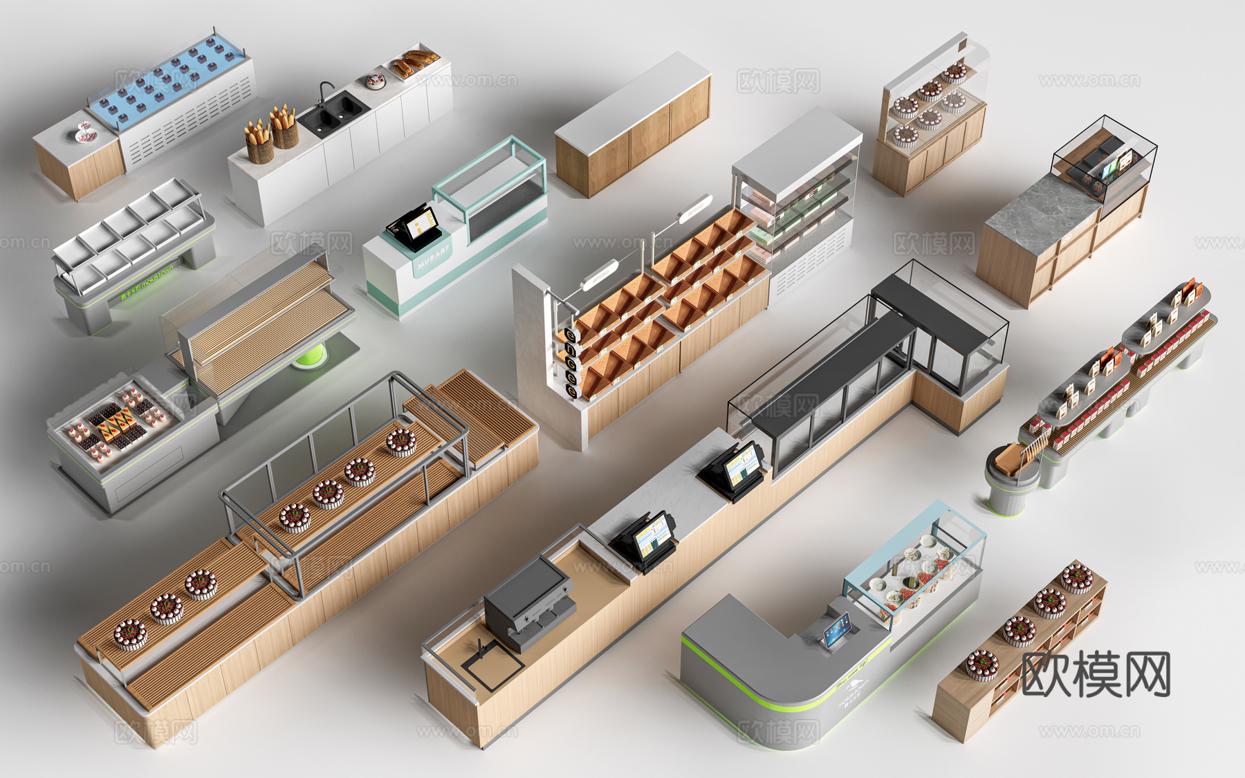 现代咖啡吧台 甜品店货架 收银台 服务台su模型