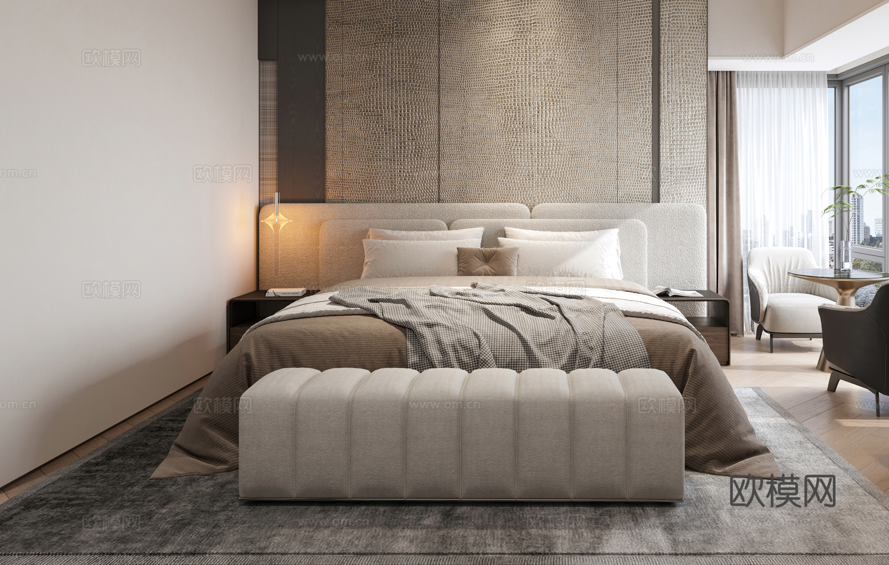 现代意式双人床 米诺提双人床 床头柜 意式卧室 主人房su模型