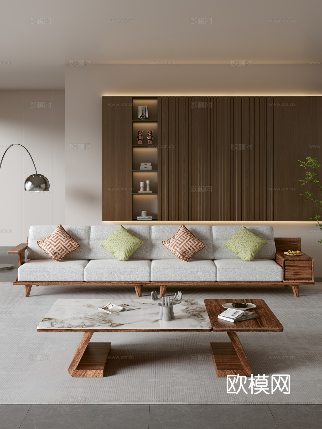 现代简约意式新中式实木双人沙发茶几组合抱枕客厅3d模型