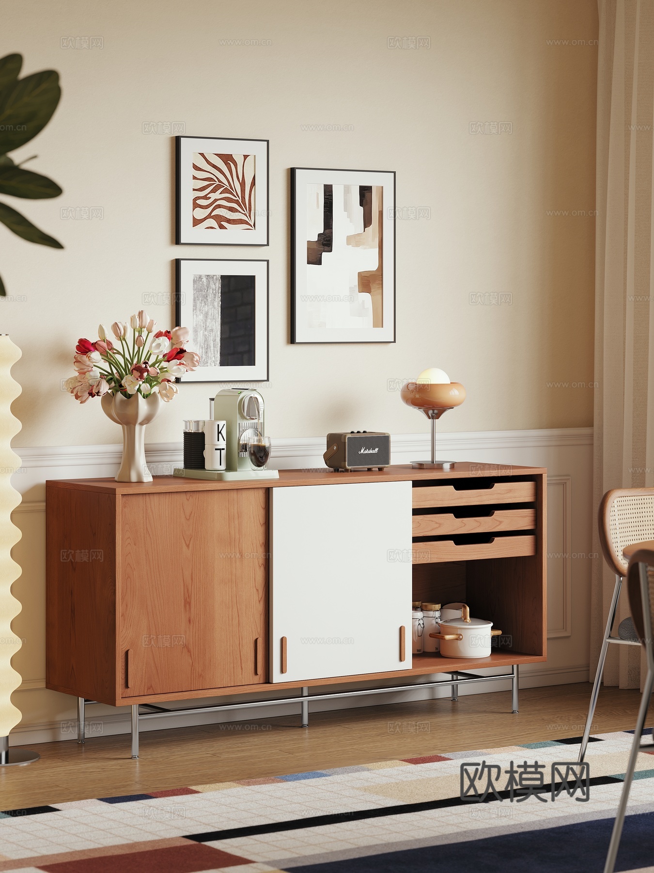 现代中古风奶油风餐边柜实木收纳柜储物柜家具餐厅3d模型