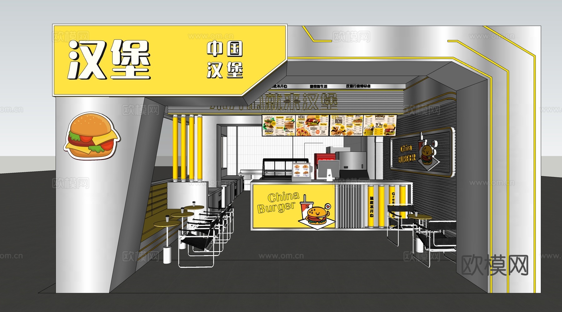 现代潮流汉堡店 快餐店 快餐店门头 餐桌椅组合 吧台su模型