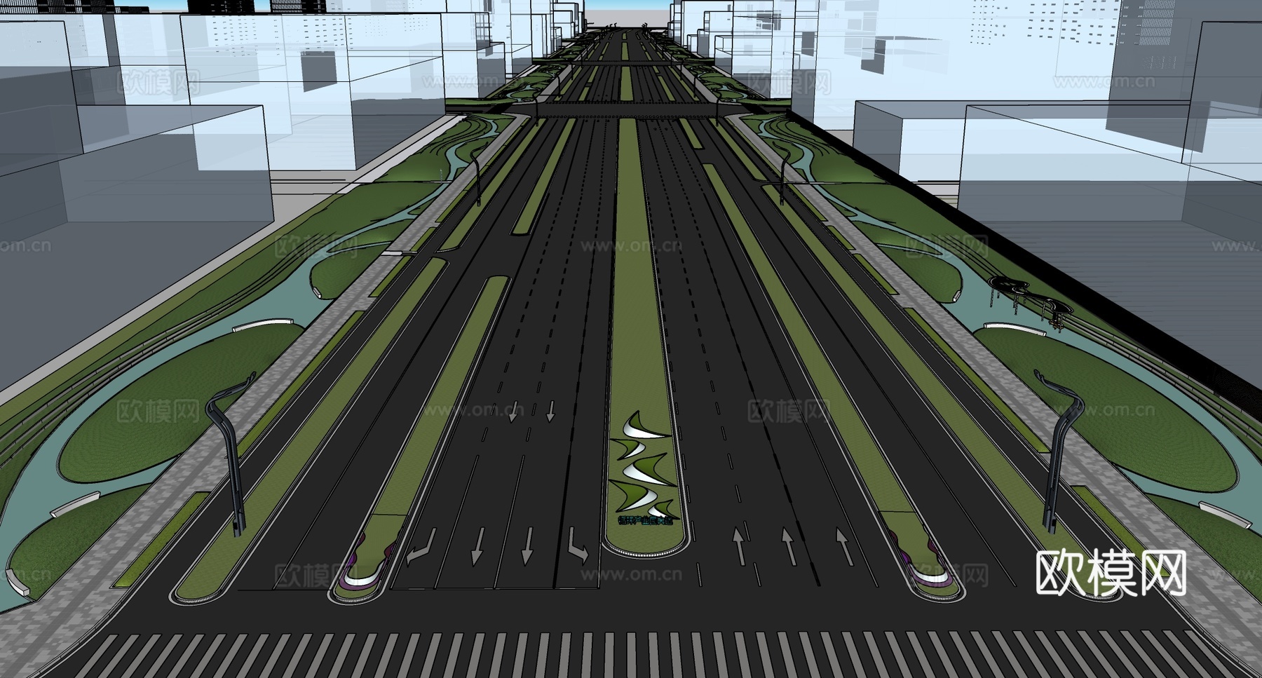 现代道路 道路景观 十字路口 马路景观su模型