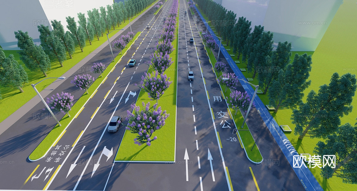 现代市政道路景观 十字路口 斑马线 道路标识su模型