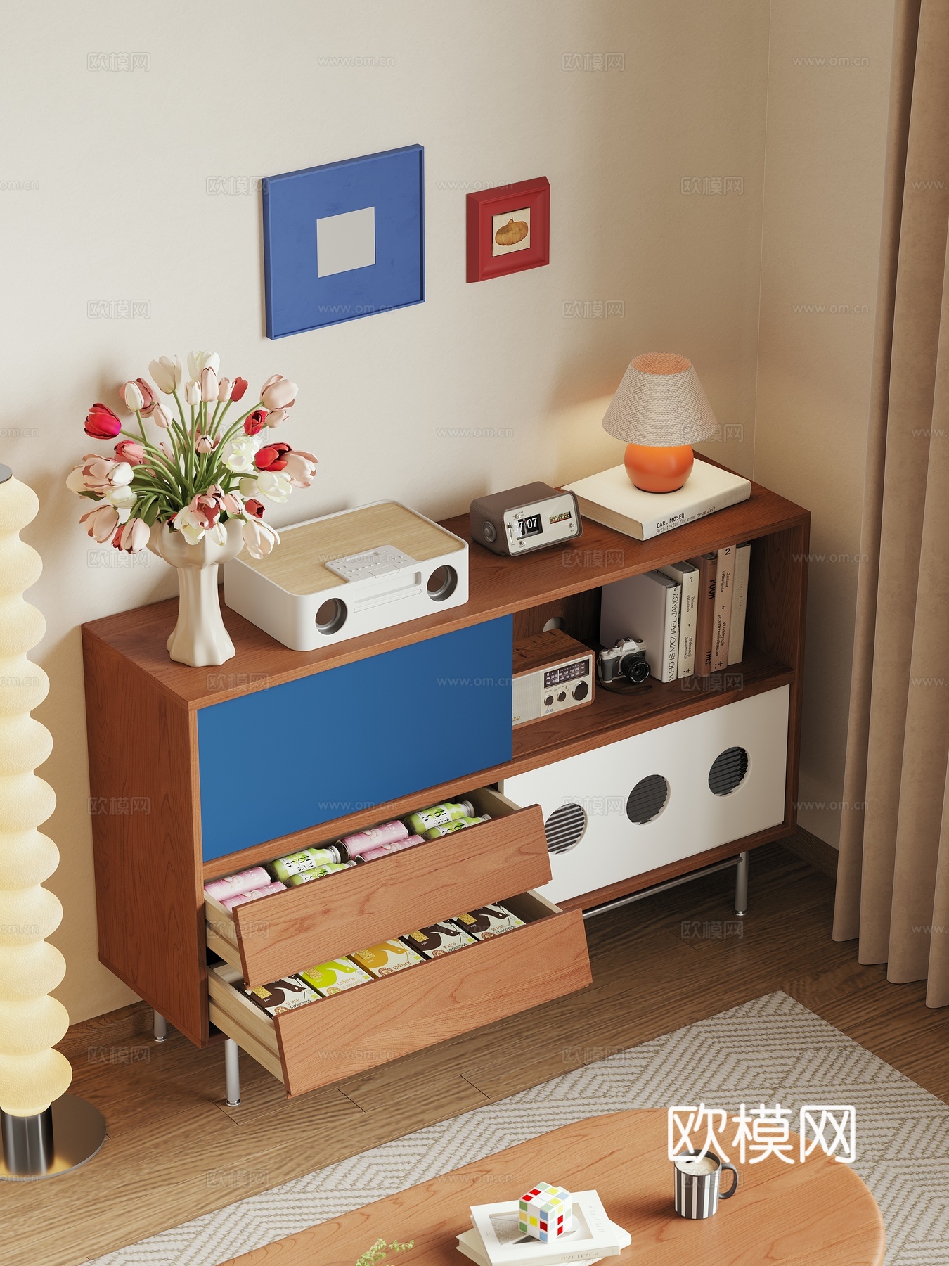 现代中古风奶油风实木储物柜餐边柜收纳柜餐厅客厅3d模型