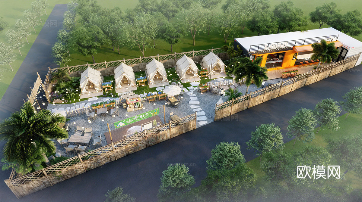 现代露营庭院景观  花园家庭乡村景观 农家乐外摆 餐饮外摆su模型