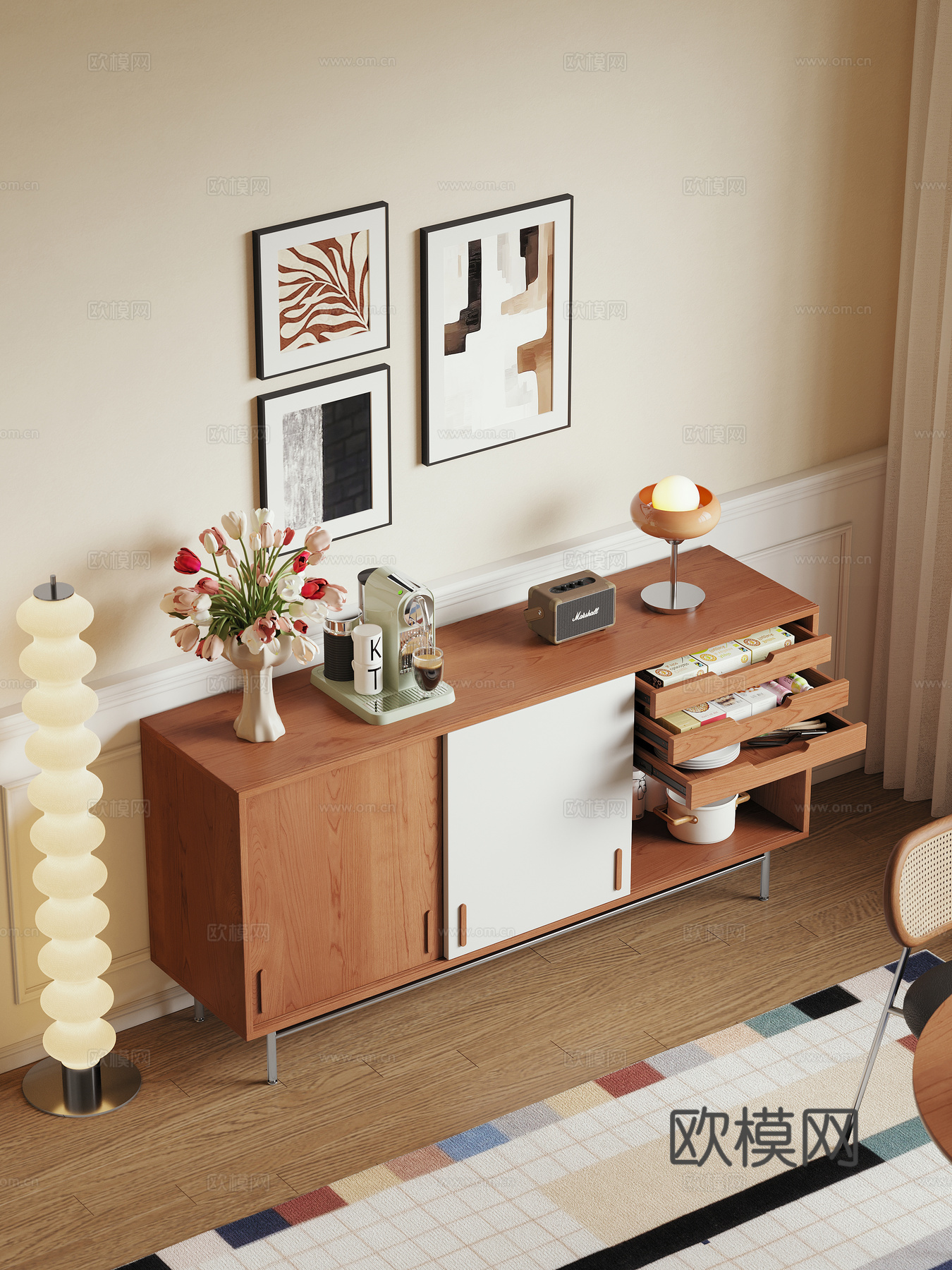 现代中古风奶油风餐边柜实木收纳柜储物柜家具餐厅3d模型