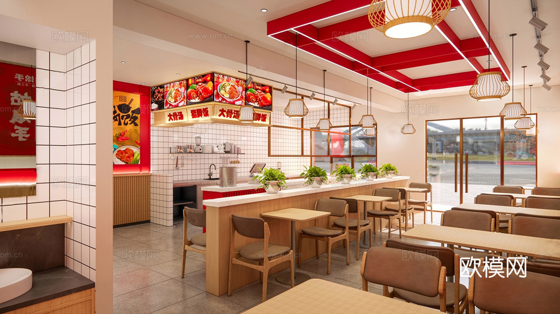 新中式快餐店 面馆 隆江猪脚饭 餐桌椅组合 餐饮吧台su模型