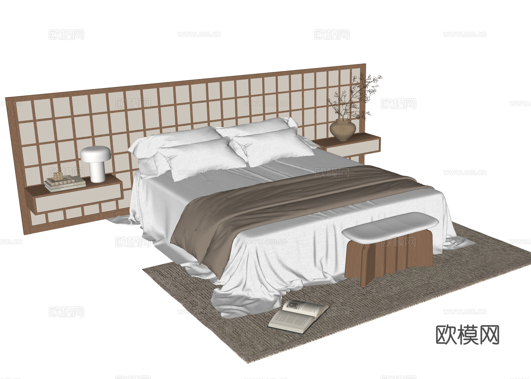 现代双人床 床尾凳su模型下载（渲染图2）