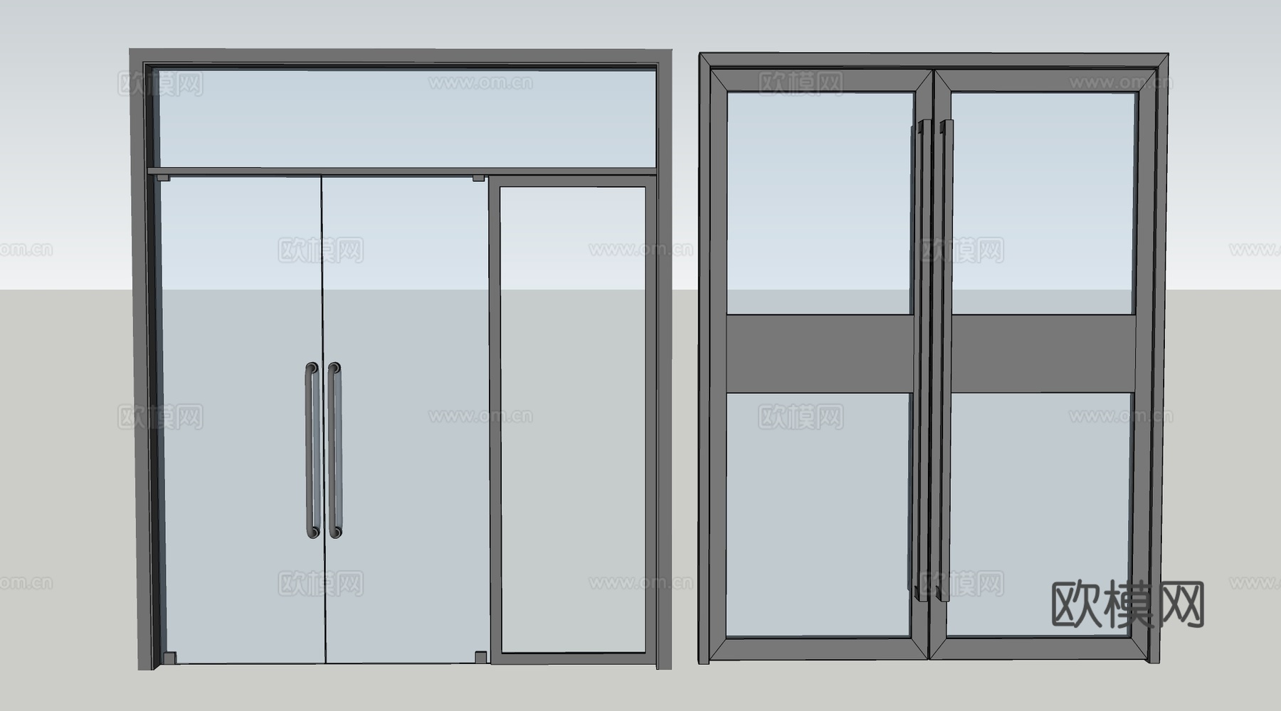现代店铺玻璃门 咖啡厅门 奶茶店玻璃门 玻璃双开门su模型