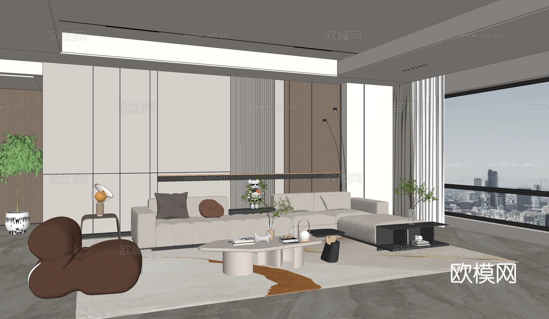 现代客厅_沙发茶几组合_多人沙发_懒人沙发_落地灯_雕塑摆件su模型