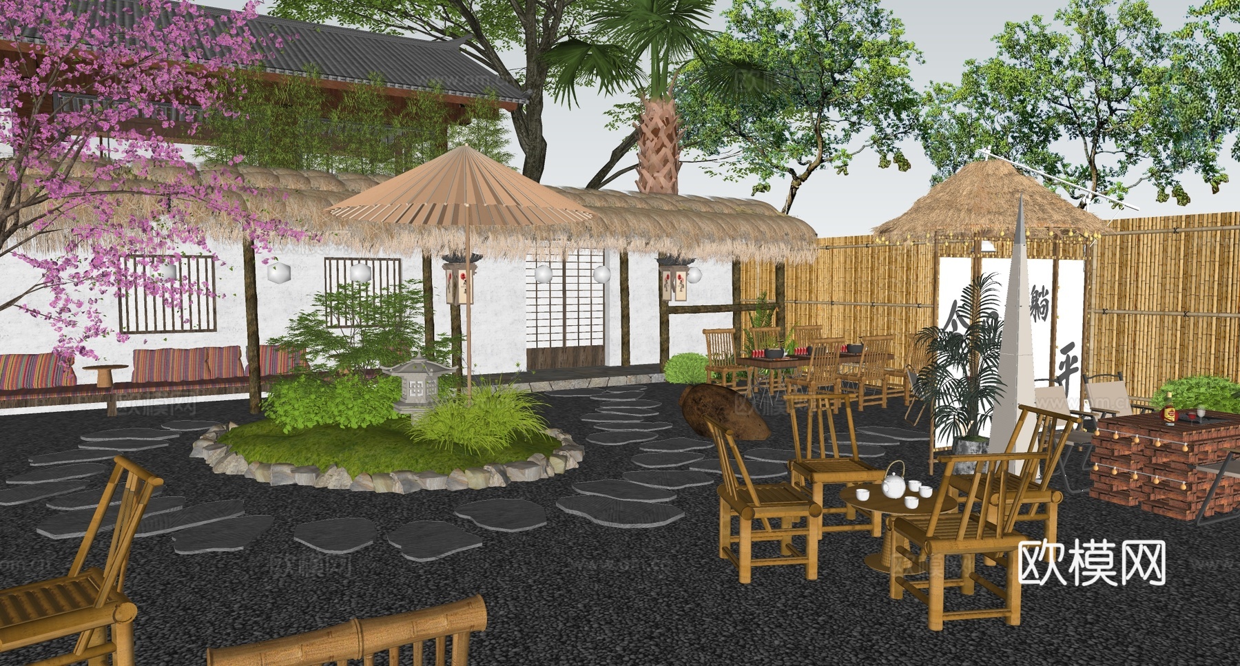 新中式露营风花园 民宿庭院 庭院花园su模型