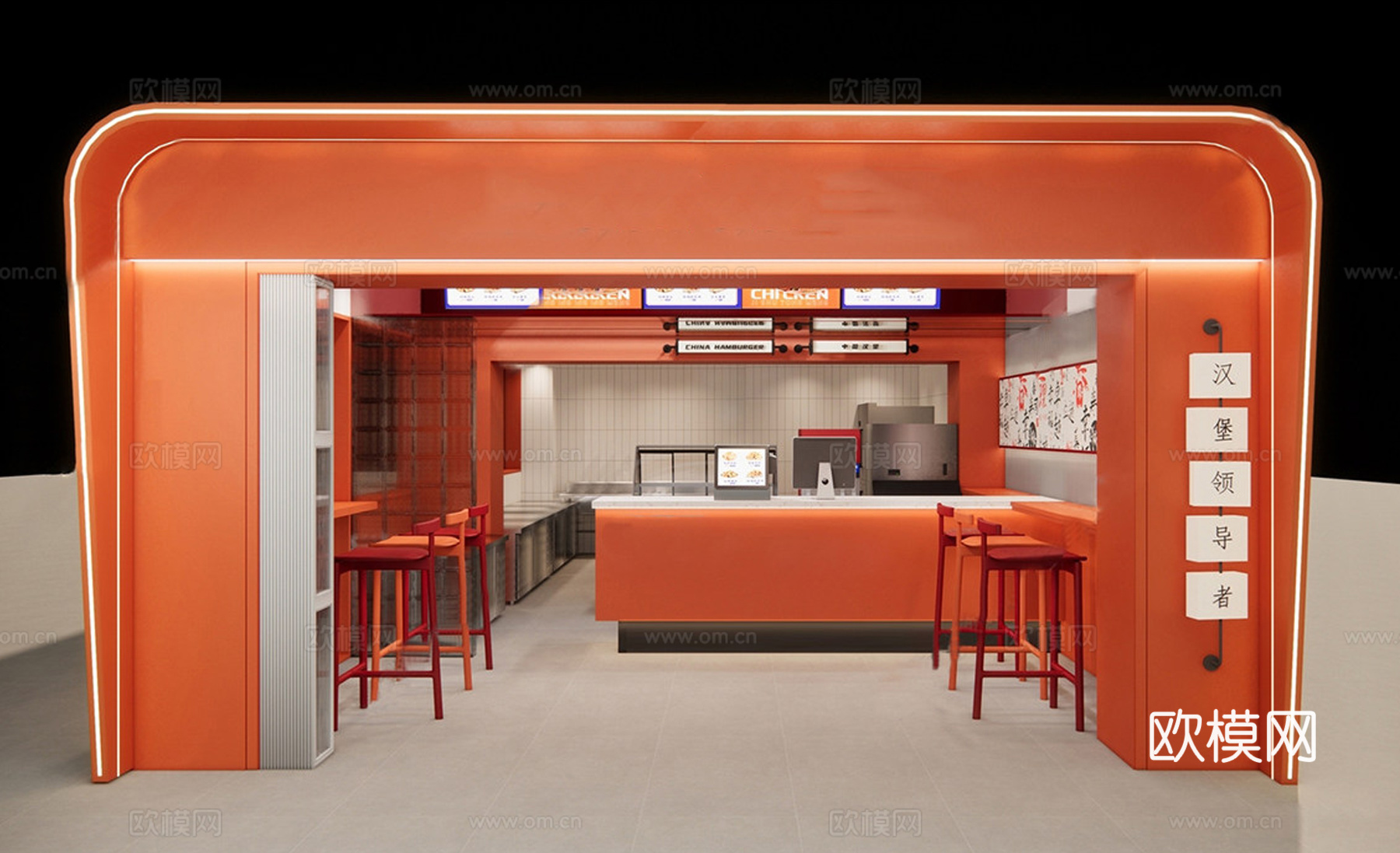 现代快餐店 吧台 餐饮门头 餐桌椅su模型