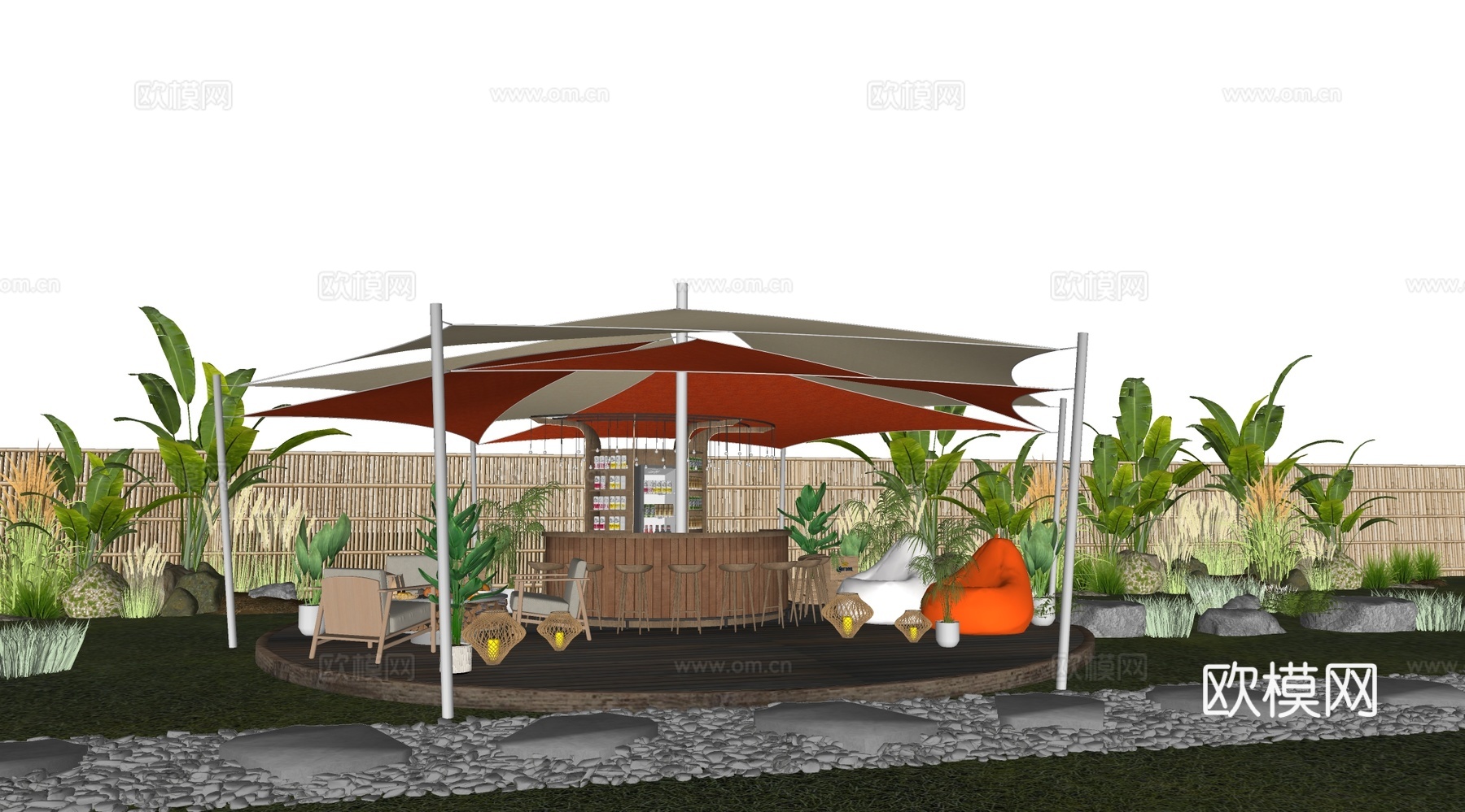 现代露营帐篷 帐篷天幕遮阳棚 营地吧台帐su模型